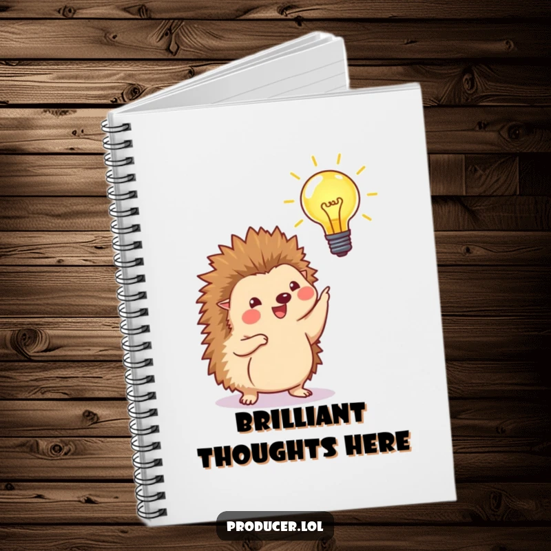 Funny notebook with a happy hedgehog pointing at a beaming lightbulb, designed for jotting down ideas with humor and inspired brilliance.