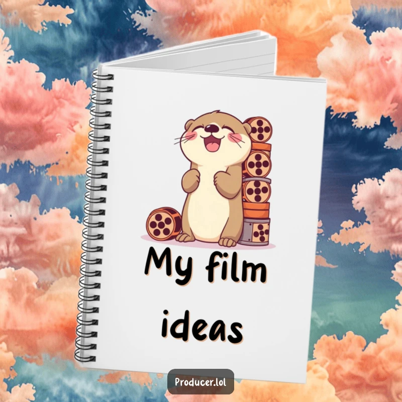 Funny notebook with a playful otter laughing while stacking a high tower of film reels, ideal for creative journaling.