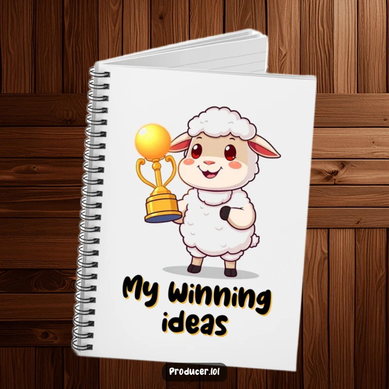 Funny proud sheep award character notebook presenting a glowing award statue, ideal for jotting down successful ideas with satisfaction and humor.