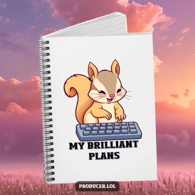 Funny notebook with a busy squirrel energetically typing on a keyboard with tiny paws, ideal for jotting down notes with a humorous focus.