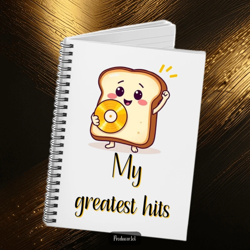 Funny toast record notebook, a journal adorned with a smiling bread slice and golden record, ideal for musical inspiration.
