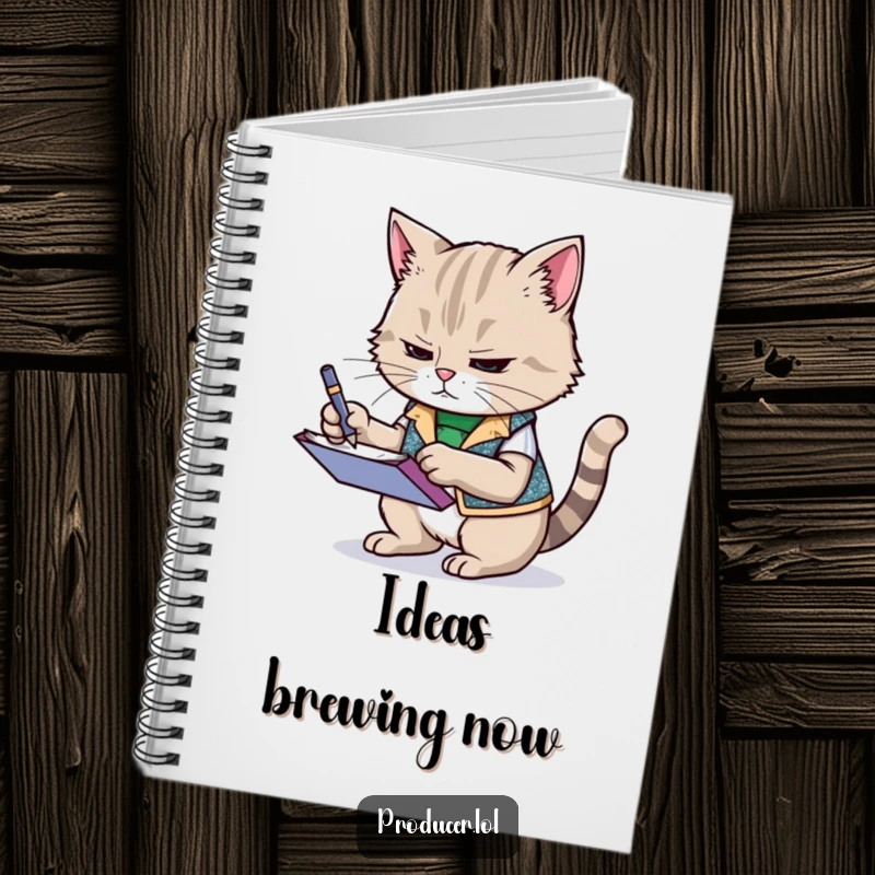 Funny cat wearing a sparkly vest, frantically scribbling notes on a notepad, spiral-bound notebook, humorous journal for capturing ideas.