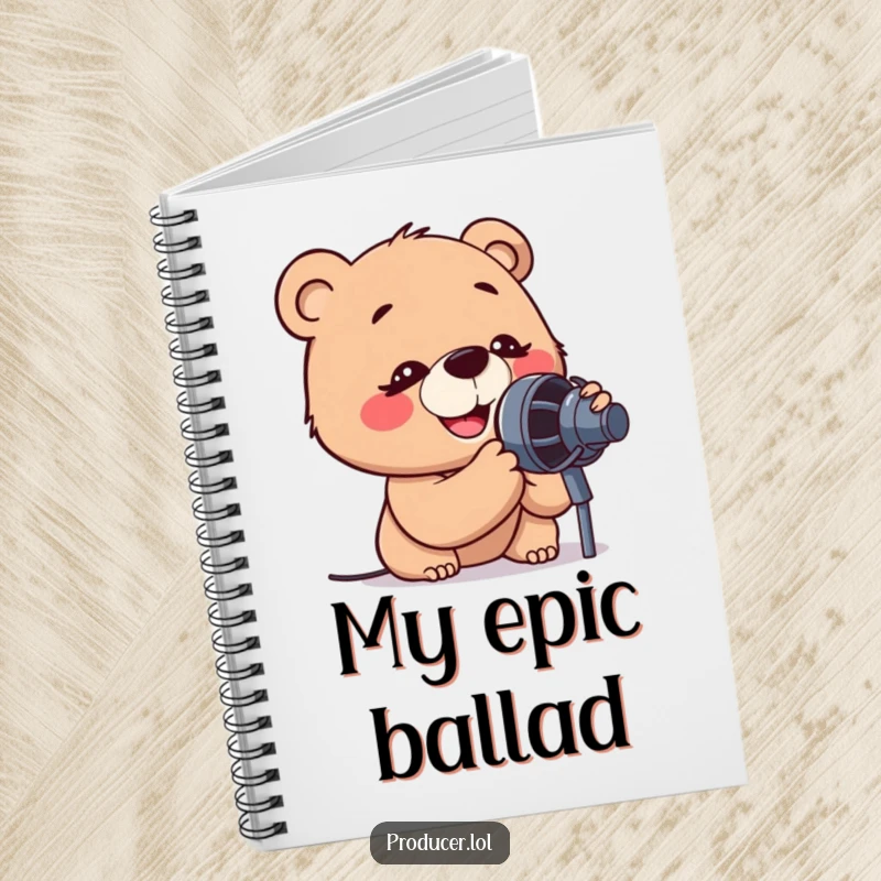 Funny notebook cover featuring a cartoon bear with intense, happy concentration, leaning into a microphone, ready to perform.