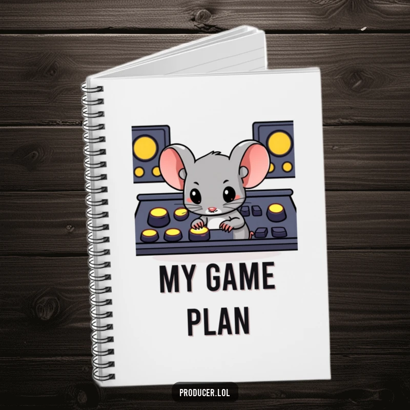 Funny determined mouse pressing large glowing buttons on a console, a charming and humorous notebook for strategic planning.