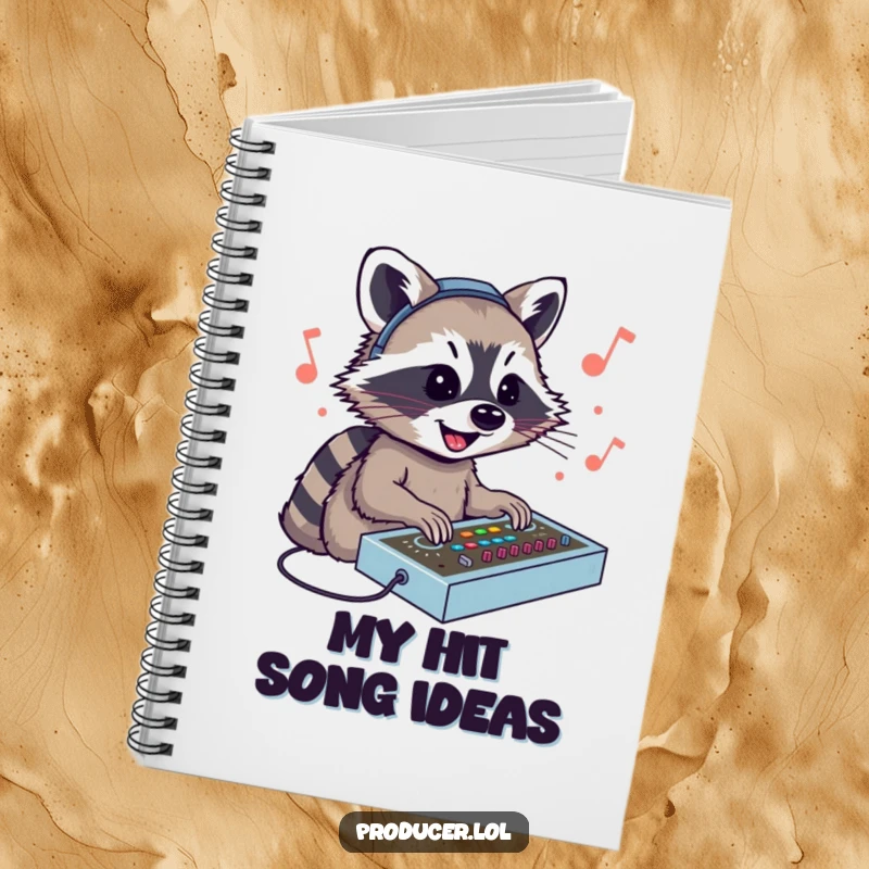 Funny Raccoon DJ Notebook: A smiling raccoon mixing sounds at a console, ideal for jotting down musical ideas and lyrics.