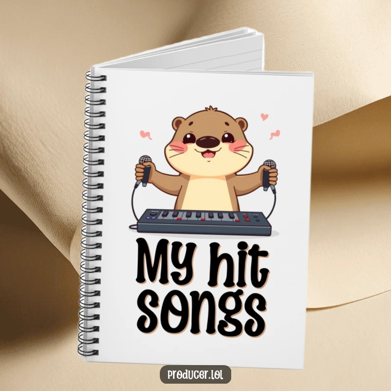 Funny otter DJ character notebook juggling microphones and a soundboard, ideal for jotting down musical ideas with skill and humor.