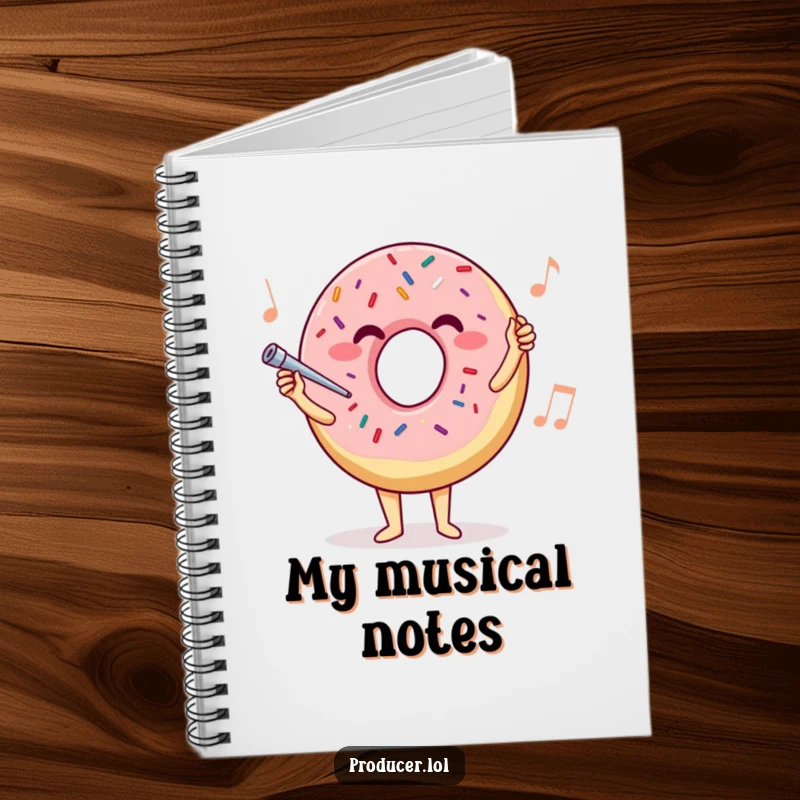 Funny donut conductor notebook, a journal with a joyful sprinkle donut leading an orchestra, ideal for musical inspiration.