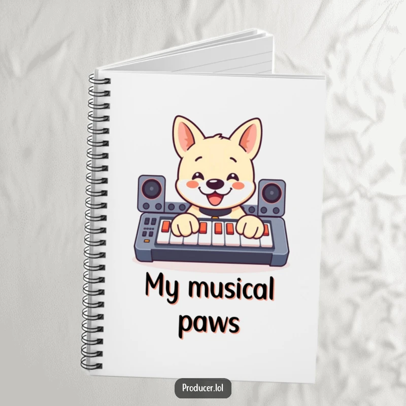 Funny notebook with a smiling dog enthusiastically pressing buttons on a soundboard with its paws, ideal for creative note-taking.