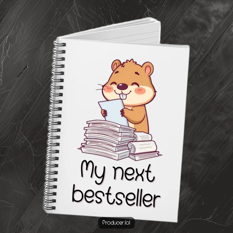 Funny beaver character with a notebook, diligently sorting scripts, smiling and ready to record ideas.