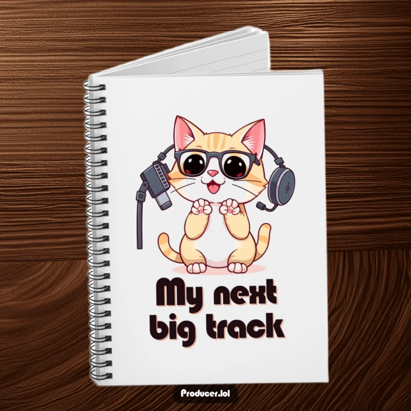Funny cat DJ in studio headset, clapping paws with excitement, featured on the cover of a notebook for ideas.