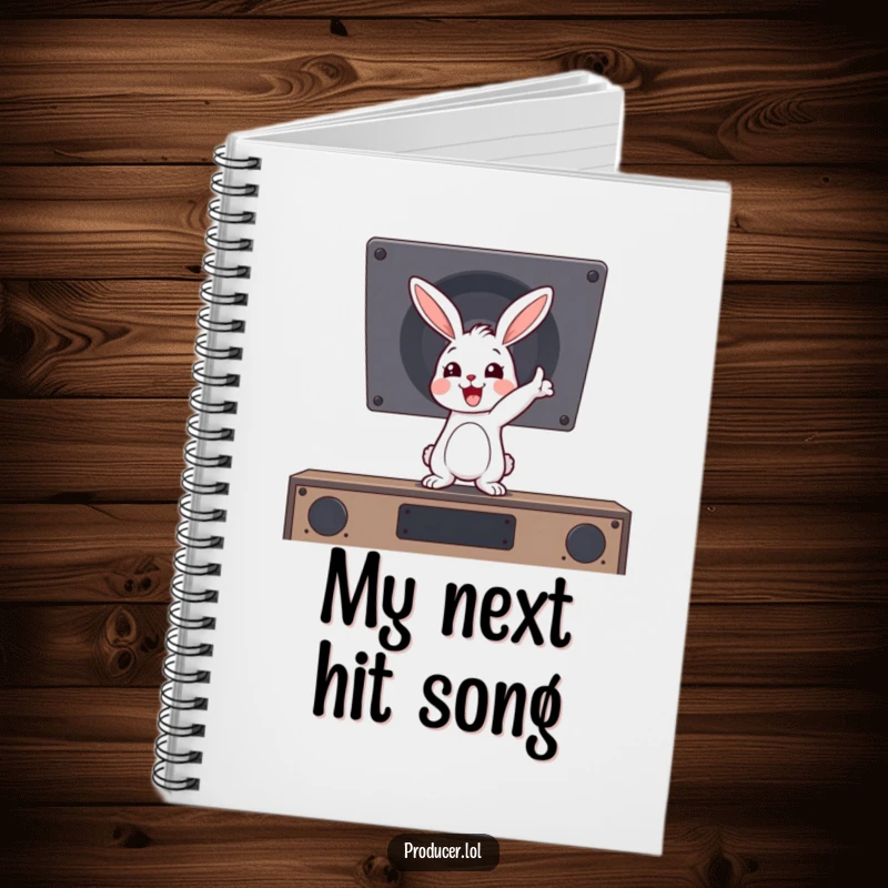 Funny cartoon rabbit enthusiastically pointing at an unseen speaker, inspiring creativity in this fun notebook design.