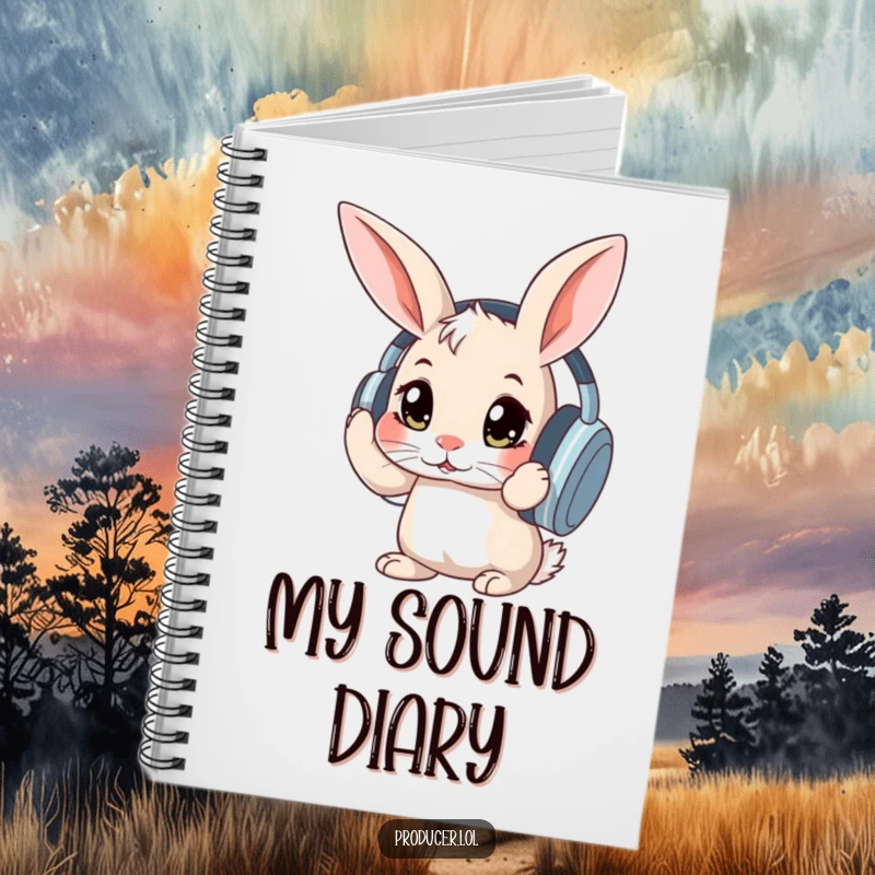 Funny curious rabbit with wide eyes adjusting large headphones, a charming and humorous notebook for all your creative ideas.