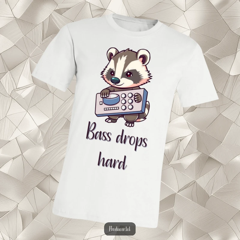 Funny badger t-shirt, determined look, holding a huge mixing board, ready to engineer sound, hilarious music producer apparel.