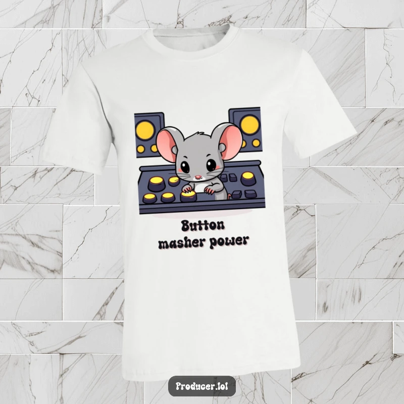 Funny determined mouse pressing large glowing buttons on a console, a humorous and cool t-shirt for dedicated gamers.
