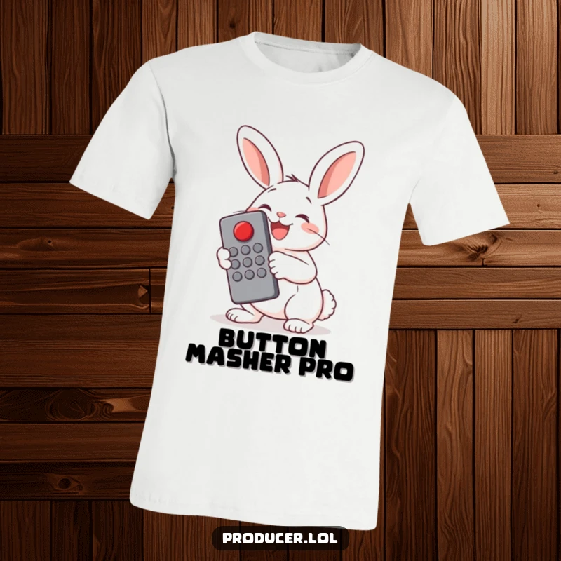 Funny Bunny Remote Control T-Shirt: A cheerful bunny gleefully presses a big red button with a large remote, conveying playful authority.