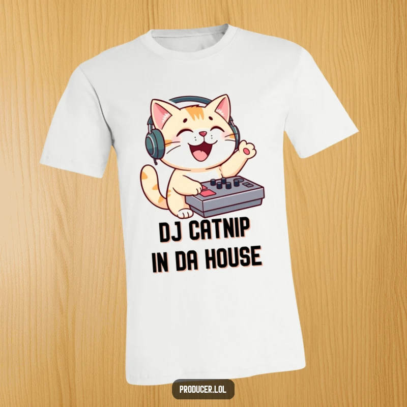 Funny cat DJ t-shirt, energetic feline wearing headphones, mixing sound with a console, thumbs up.