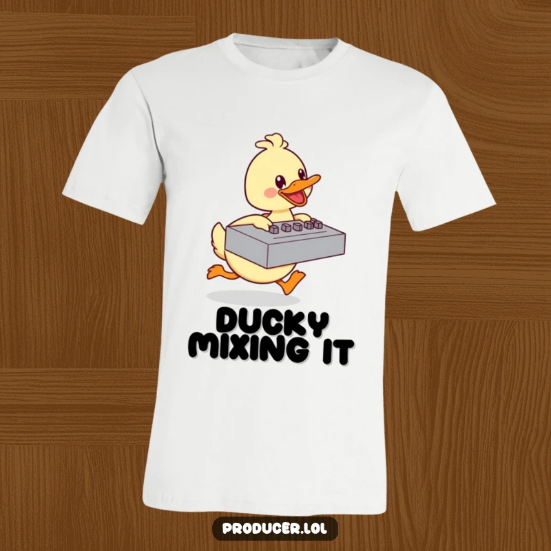 Funny duck t-shirt showing a happy cartoon character energetically pushing a large mixing board, celebrating the joy of baking.