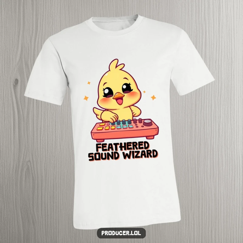 Funny Chick Producer T-Shirt: A happy chick energetically tapping on a large, colorful music mixing board, symbolizing creativity.