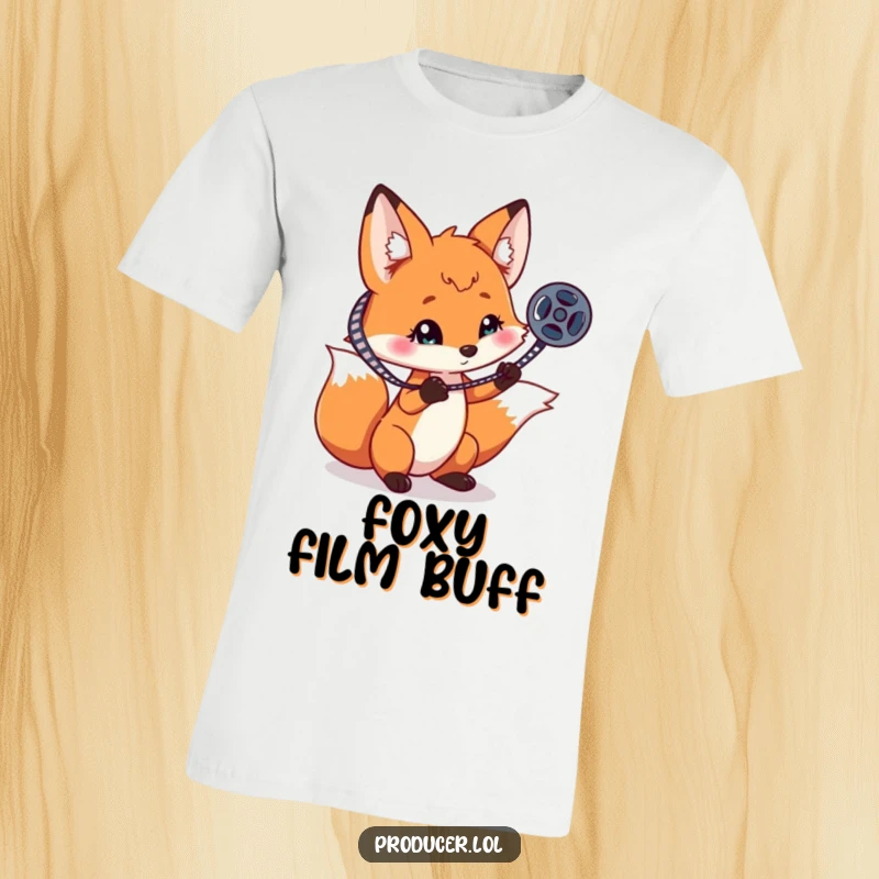Funny playful fox spinning a film reel on one claw, a humorous and charming t-shirt for movie lovers.