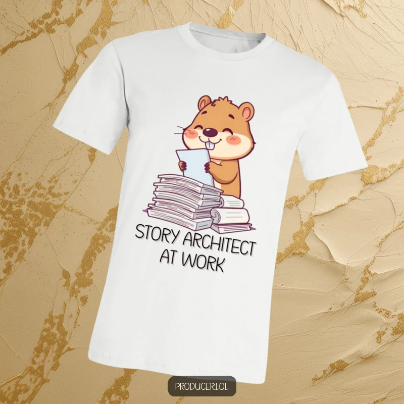 Funny beaver character in a t-shirt, smiling while sorting through a stack of scripts, looking industrious and content.
