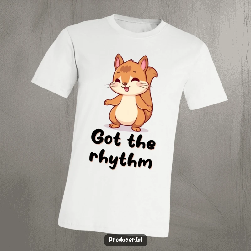 Funny t-shirt depicting an energetic squirrel happily bouncing and rhythmically nodding its head to a lively musical beat.