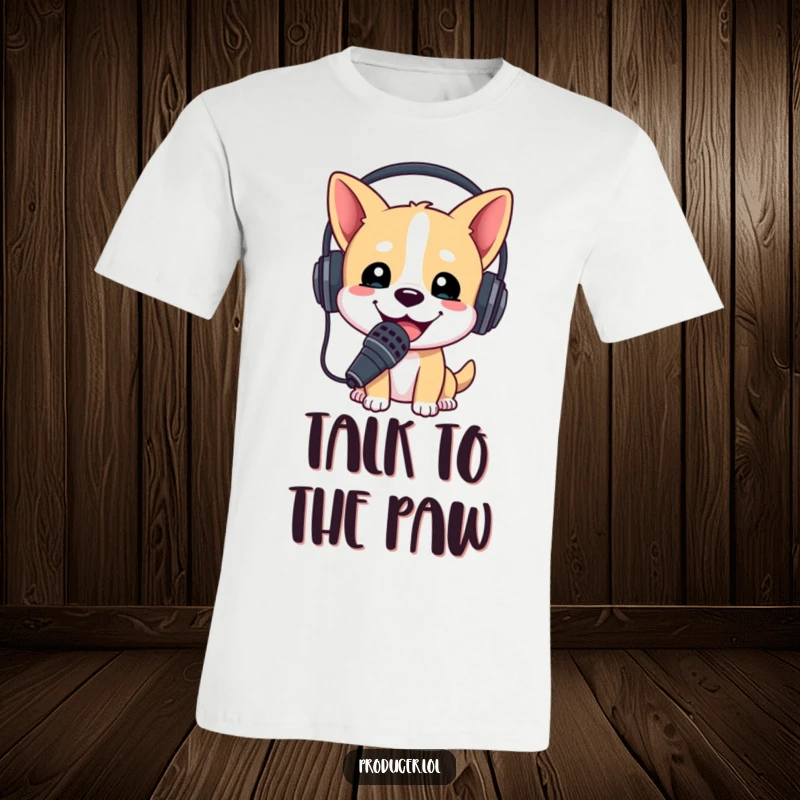 Funny t-shirt depicting a happy dog wearing a headset and holding a microphone to its mouth, ready to perform.