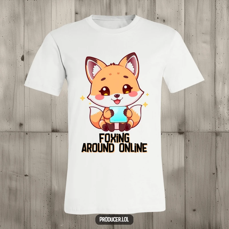 Funny Fox Gaming T-Shirt: A playful fox gazes happily at a bright, glowing screen, ideal for showcasing a passion for gaming and tech.