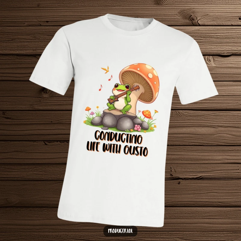 Funny Frog Symphony T-Shirt: A joyful frog conducts an orchestra atop a giant mushroom, a hilarious and artistic graphic tee for music lovers.