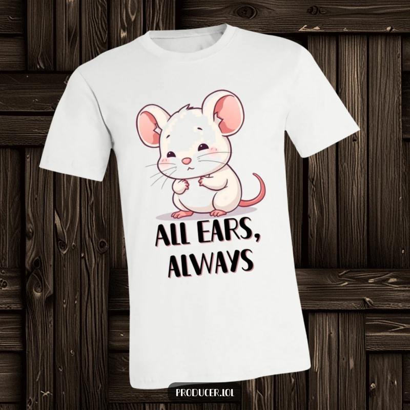Funny t-shirt with a small, thoughtful mouse listening with rapt attention, conveying a sense of deep concentration and curiosity.