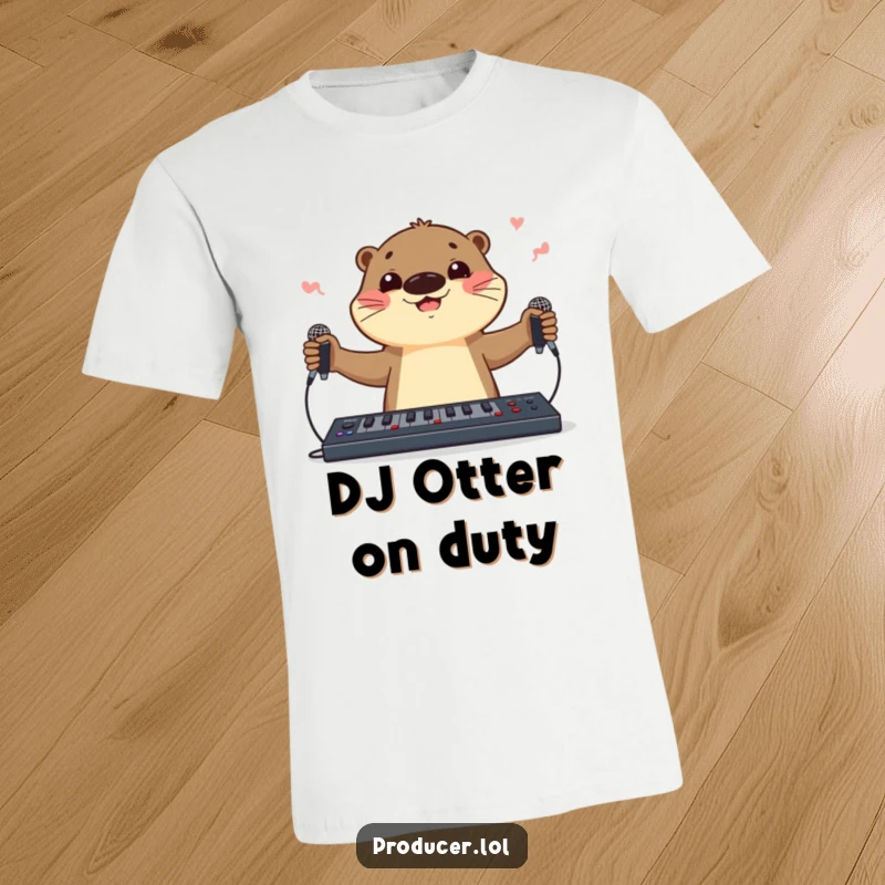 Funny cartoon otter t-shirt, juggling microphones and a soundboard, showcasing DJ skills with cheerful musical talent.