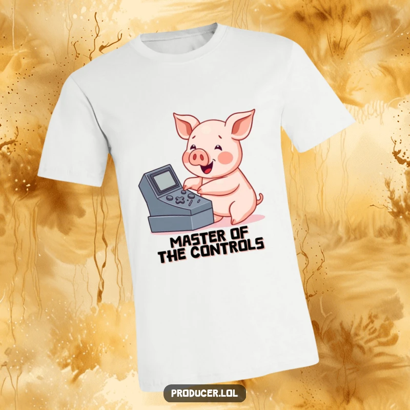 Funny pig t-shirt, friendly character enthusiastically pressing buttons on a large console, full of excitement.