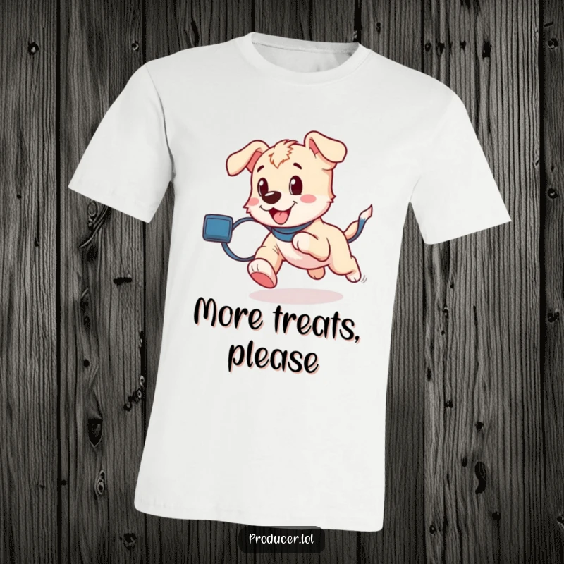 A playful puppy runs energetically, leaving a trail of film behind, embodying a fun photography theme on this t-shirt.