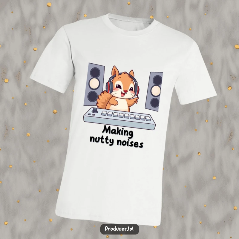 Funny Squirrel T-Shirt: An energetic squirrel wearing a headset joyfully manipulates a soundboard, ideal for music producers and sound engineers.