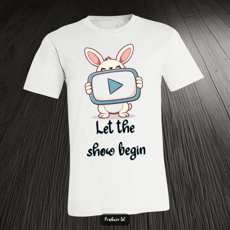 A determined smiling bunny grips a huge PLAY button, embodying readiness and fun on this t-shirt.