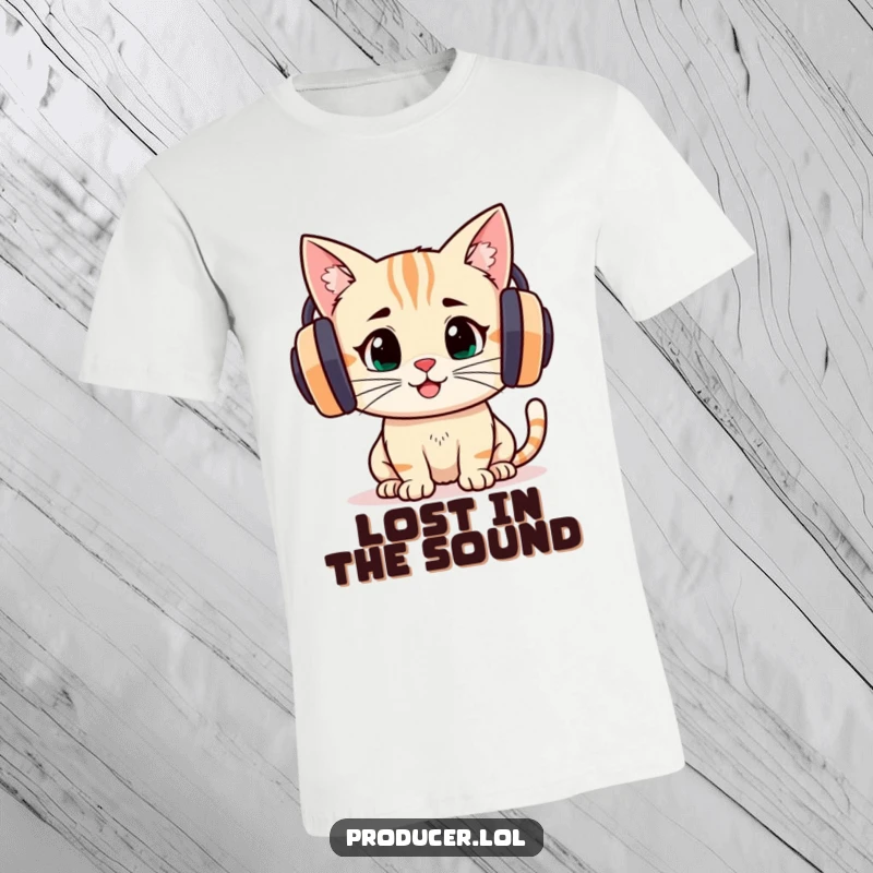 Funny determined cat wearing big headphones, focused and joyful listening to music, featured on this t-shirt.