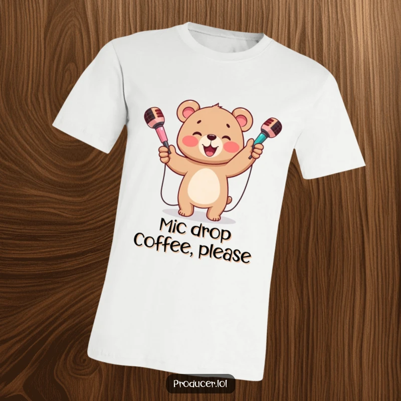 Funny t-shirt with a happy bear cub beaming while enthusiastically juggling three colorful microphones, a true performer.