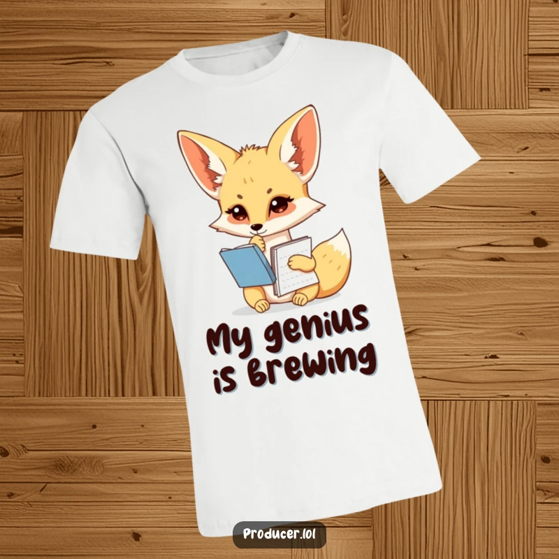 Funny fennec fox t-shirt, pondering with script notebook, writer's block inspiration, creative process tee, witty present.