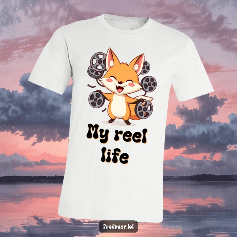 Funny Fox Film Reel Juggler T-Shirt: A playful fox with a wide, goofy grin juggles several film reels, embodying the joy of cinema.
