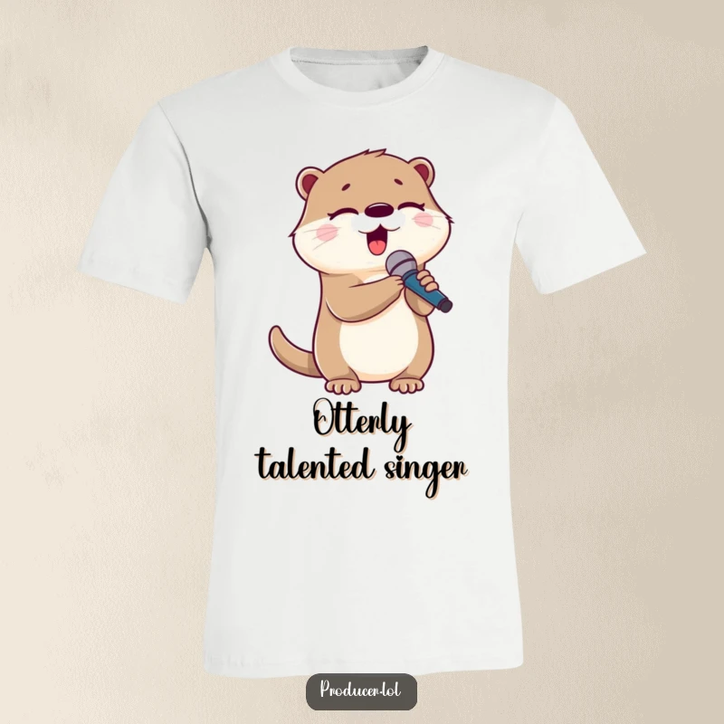 Funny otter t-shirt, cute animal holding a microphone, singing with eyes closed, conveying pure joy.