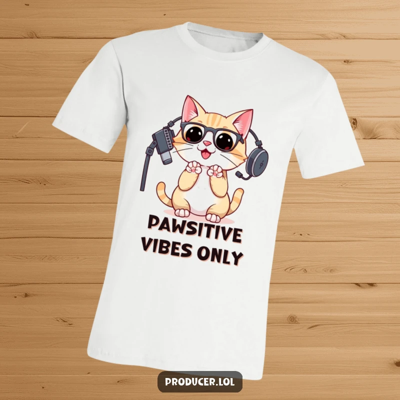 Funny cat DJ in studio headset clapping paws, radiating excitement on this t-shirt for music producers and lovers.