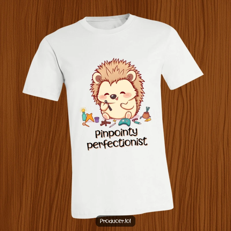 Funny Hedgehog T-Shirt featuring a happy hedgehog meticulously organizing tiny props with a focused look, great funny gift.