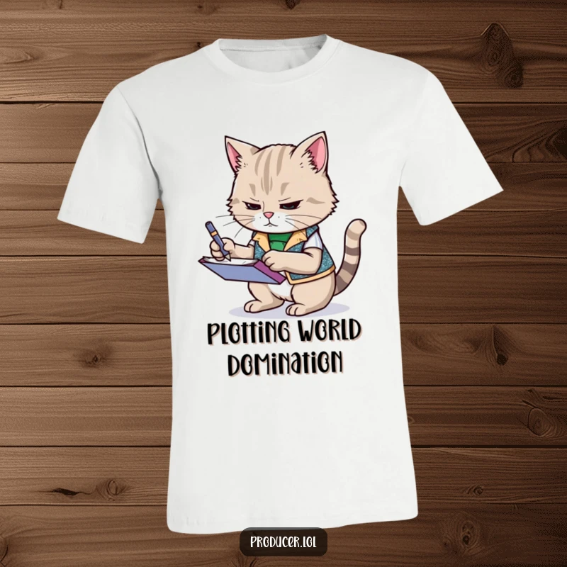 Funny cat wearing a sparkly vest, frantically scribbling notes on a notepad, humorous t-shirt design for cat lovers, symbol of determination.