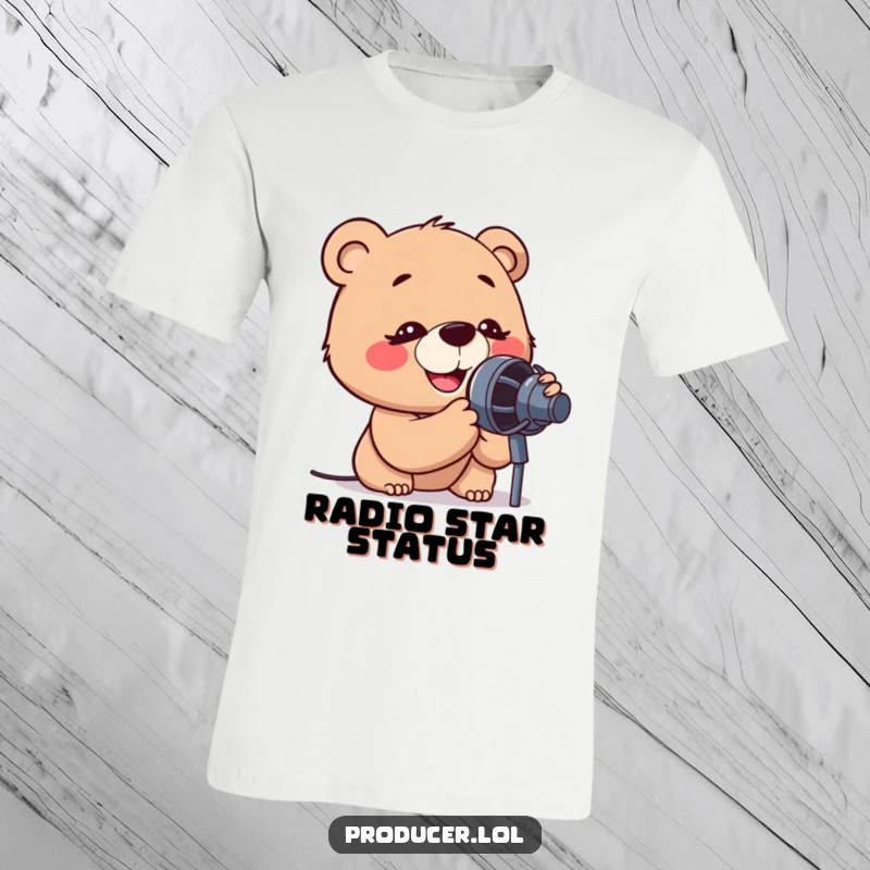 Funny t-shirt graphic of a cartoon bear leaning into a microphone with intense, happy concentration, perfect for music lovers.