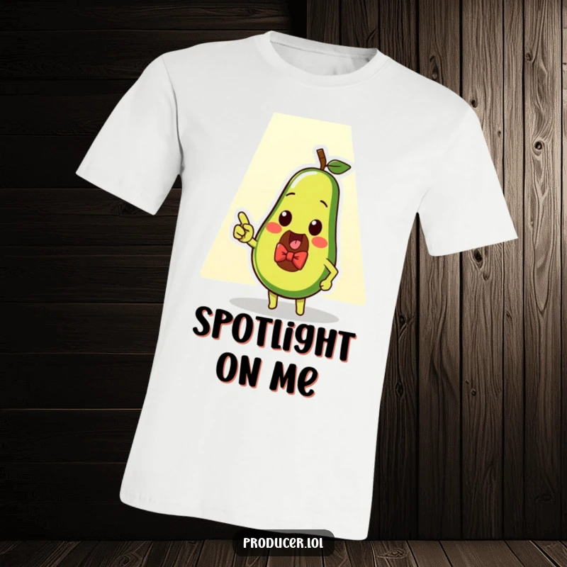 Funny avocado spotlight t-shirt, a dapper gentleman avocado pointing at a spotlight, embodying confidence and humor.