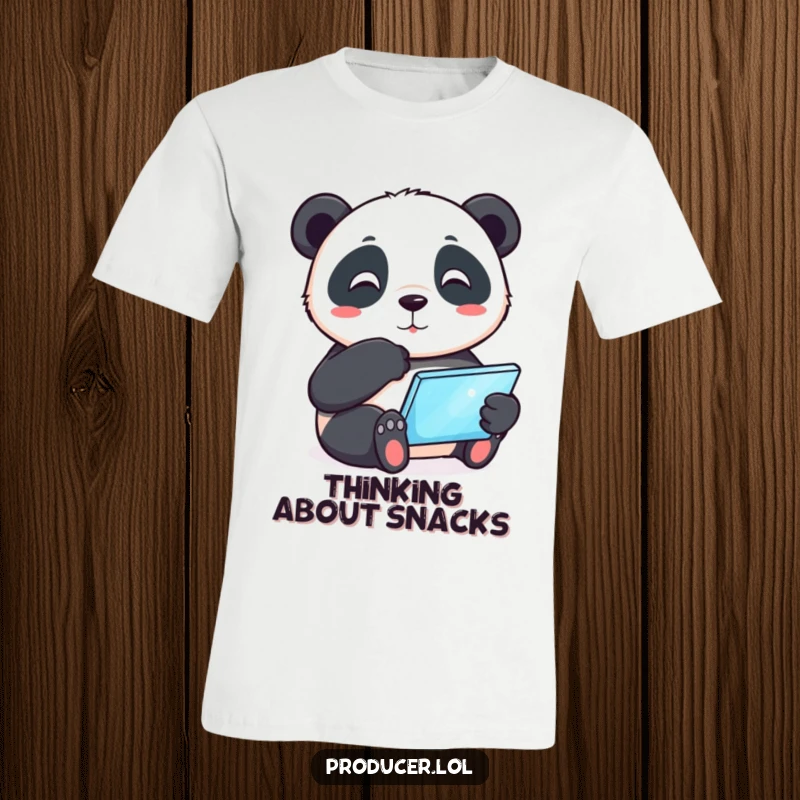 Funny playful panda tapping its chin thoughtfully while holding a glowing tablet, humorous t-shirt design for tech lovers, symbol of contemplation.