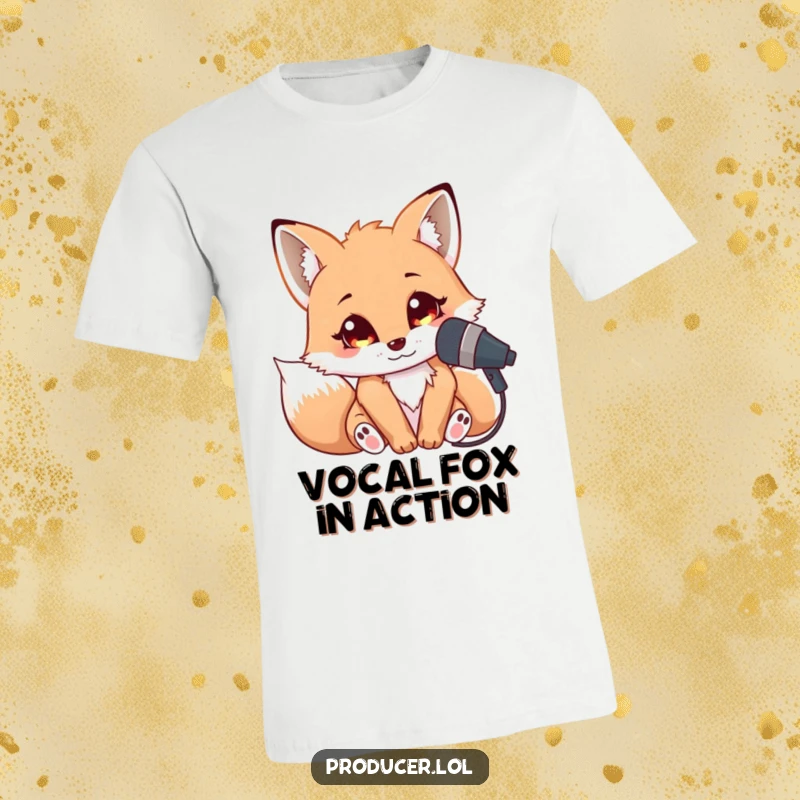 Funny Fox Singer T-Shirt: A cuddly fox leaning towards a microphone with wide, bright eyes, capturing the joy of singing.