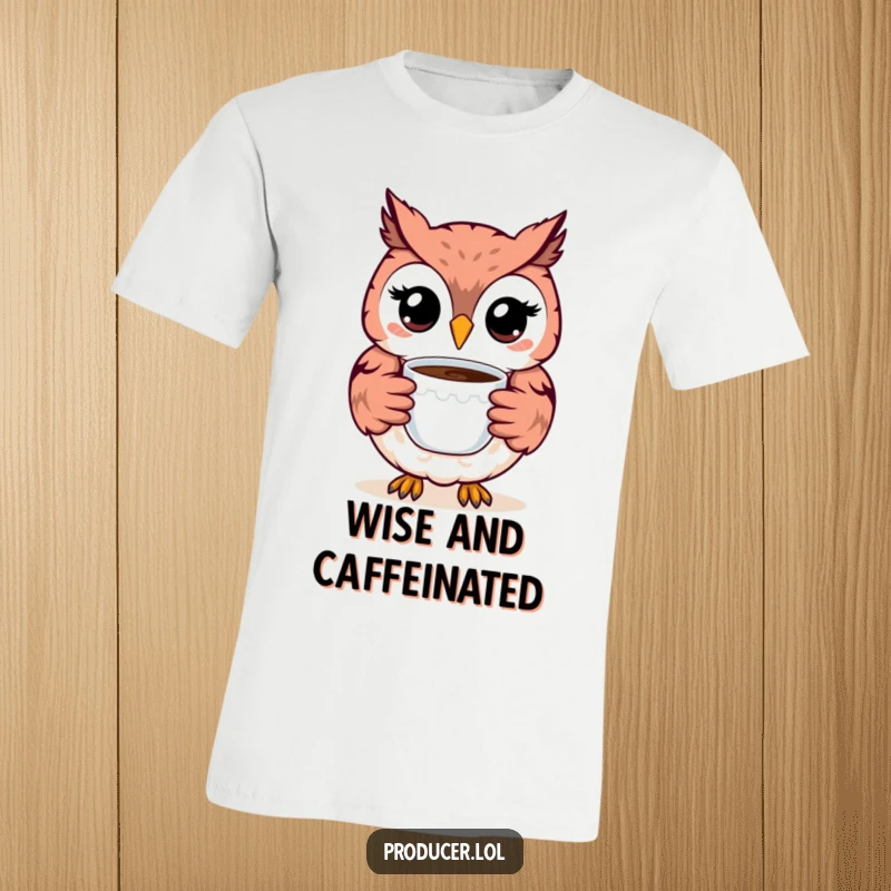 Funny Owl T-Shirt: A cheerful, smiling owl proudly holds a coffee cup, inviting smiles and good times with its friendly demeanor.