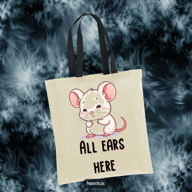 Funny tote bag showcasing a diligent mouse listening carefully, perfect for carrying daily items with a touch of thoughtful style.