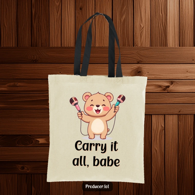 Funny tote bag with a happy bear cub beaming and juggling three colorful microphones, ready for any event.