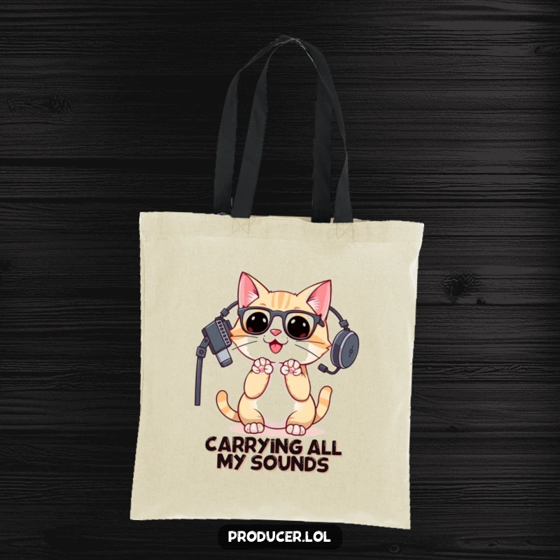 Funny cat DJ wearing headphones, clapping paws ecstatically, printed on a durable tote bag for music enthusiasts.
